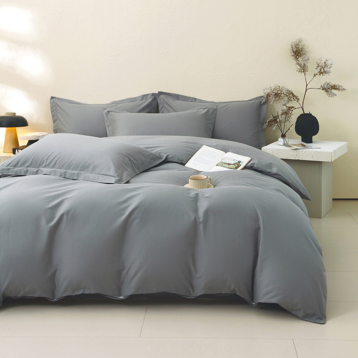 91家纺网 家纺一手货源 找家纺 小懒猪 2026新款13372A类双拼纯色全棉纯棉四件套 月岩灰