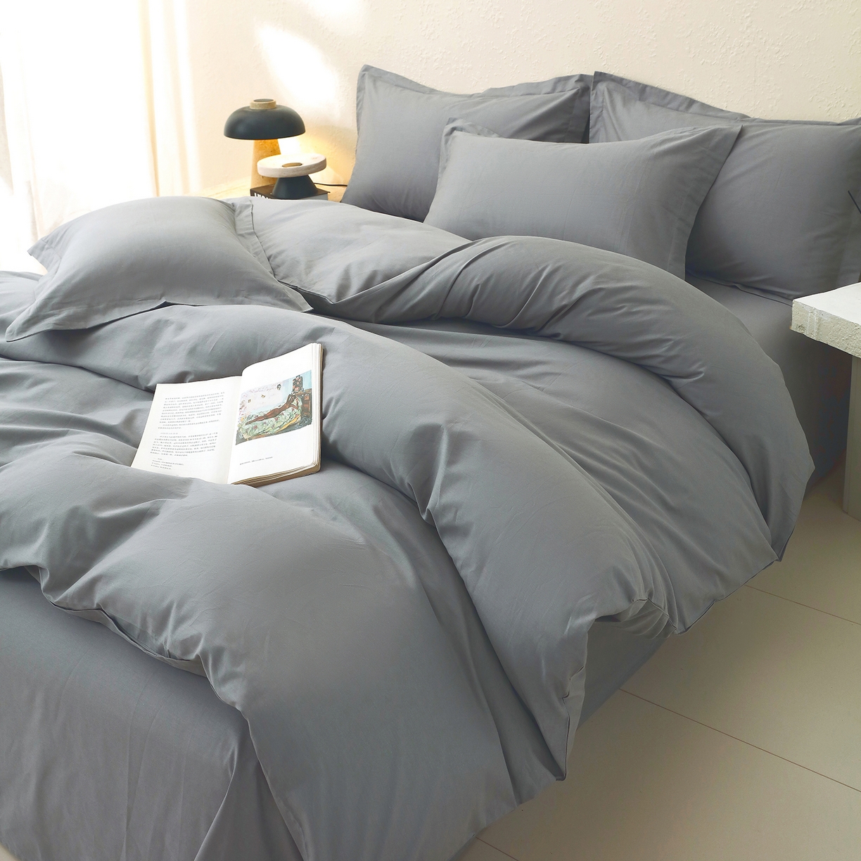 91家纺网 家纺一手货源 找家纺 小懒猪 2026新款13372A类双拼纯色全棉纯棉四件套 月岩灰