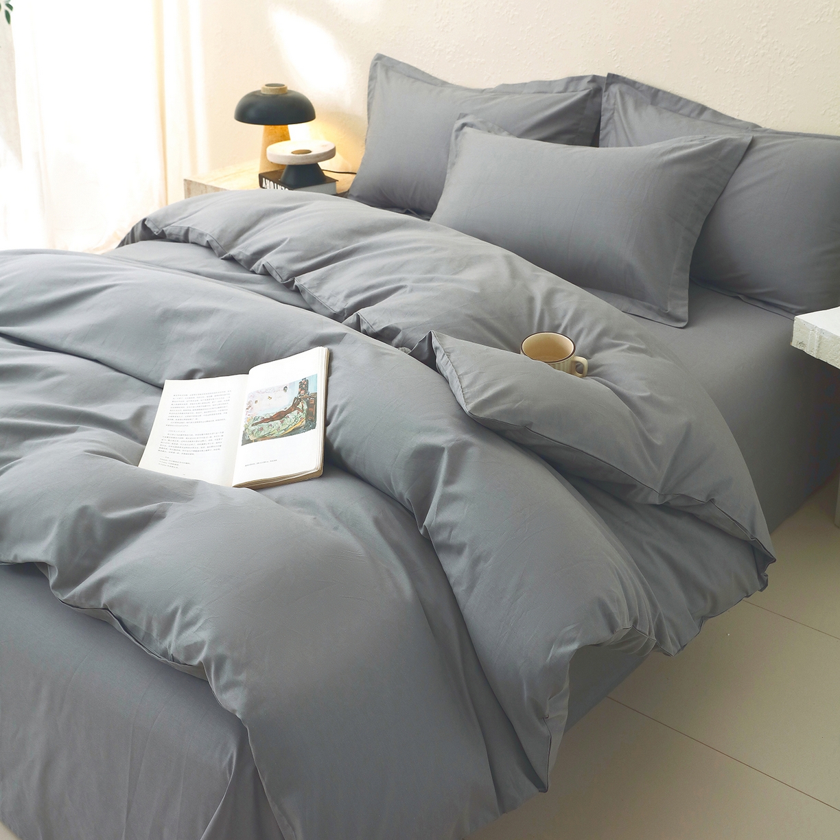 91家纺网 家纺一手货源 找家纺 小懒猪 2026新款13372A类双拼纯色全棉纯棉四件套 月岩灰