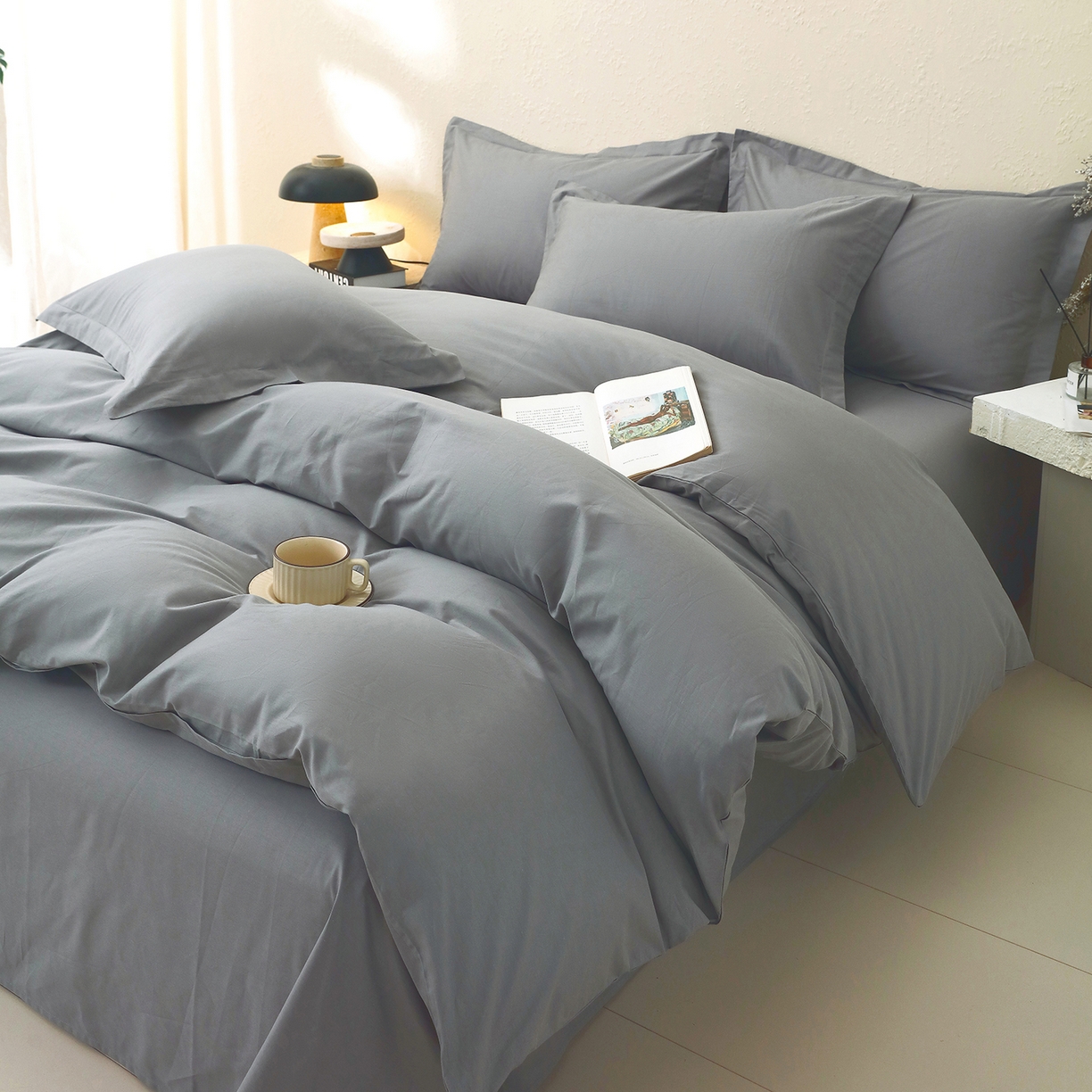 91家纺网 家纺一手货源 找家纺 小懒猪 2026新款13372A类双拼纯色全棉纯棉四件套 月岩灰