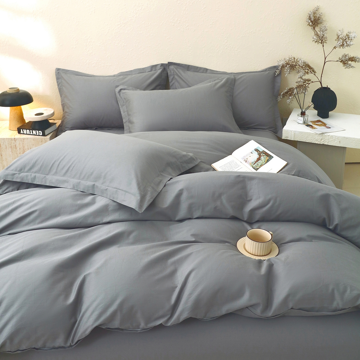 91家纺网 家纺一手货源 找家纺 小懒猪 2026新款13372A类双拼纯色全棉纯棉四件套 月岩灰