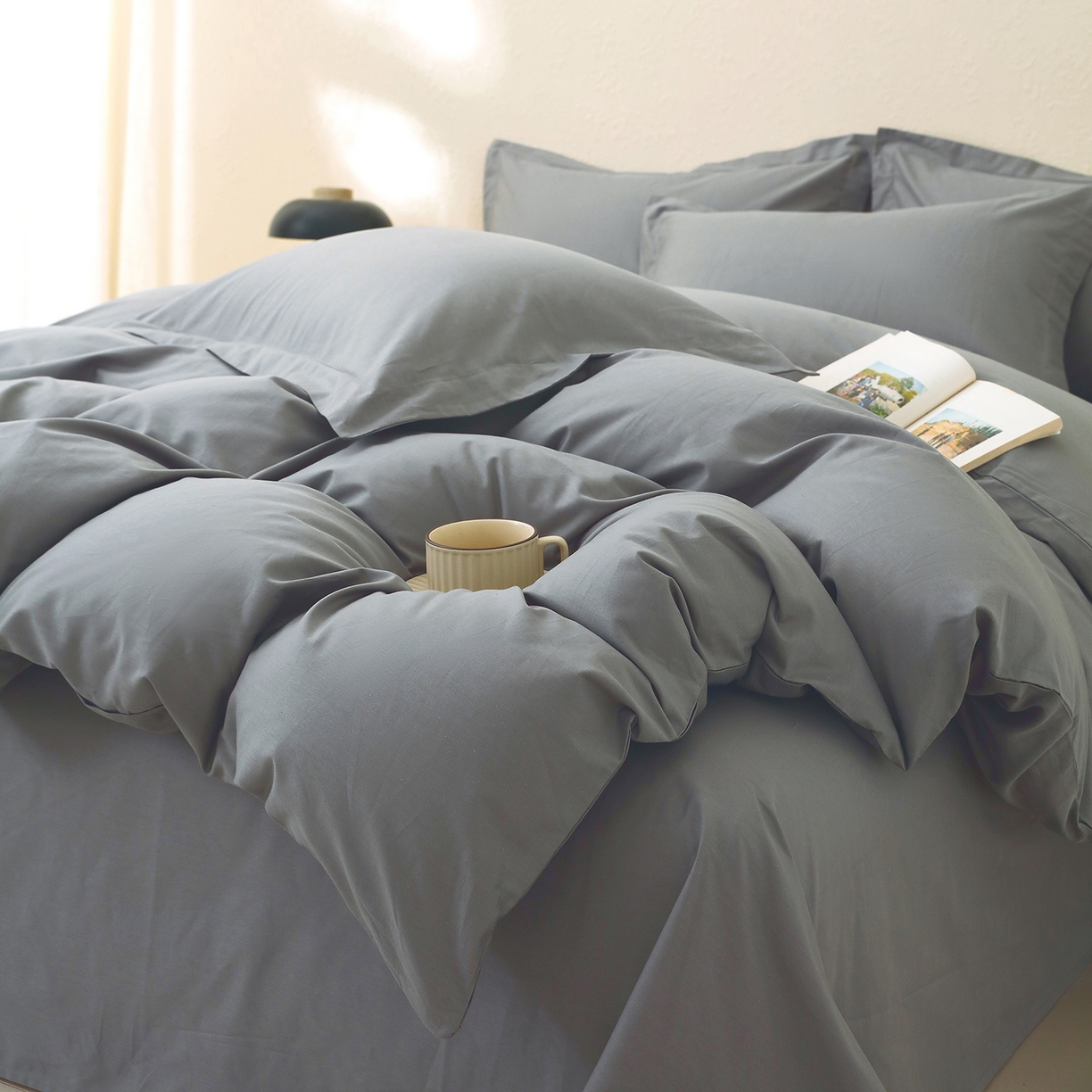 91家纺网 家纺一手货源 找家纺 小懒猪 2026新款13372A类双拼纯色全棉纯棉四件套 月岩灰