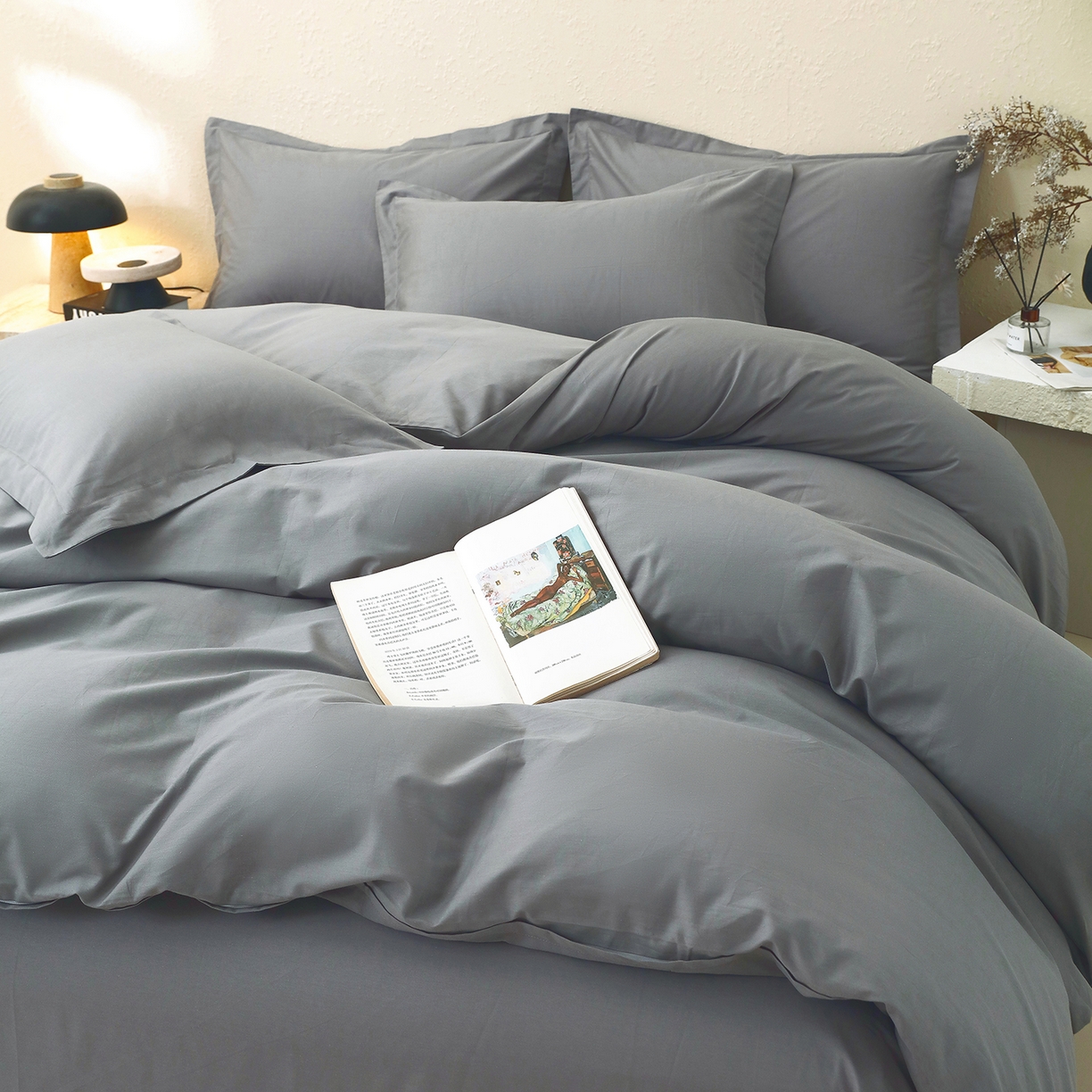 91家纺网 家纺一手货源 找家纺 小懒猪 2026新款13372A类双拼纯色全棉纯棉四件套 月岩灰