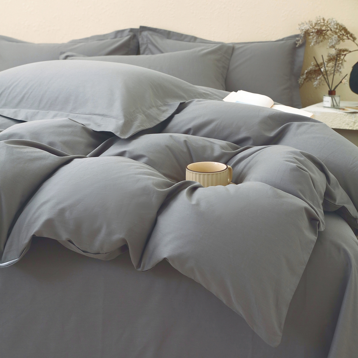 91家纺网 家纺一手货源 找家纺 小懒猪 2026新款13372A类双拼纯色全棉纯棉四件套 月岩灰