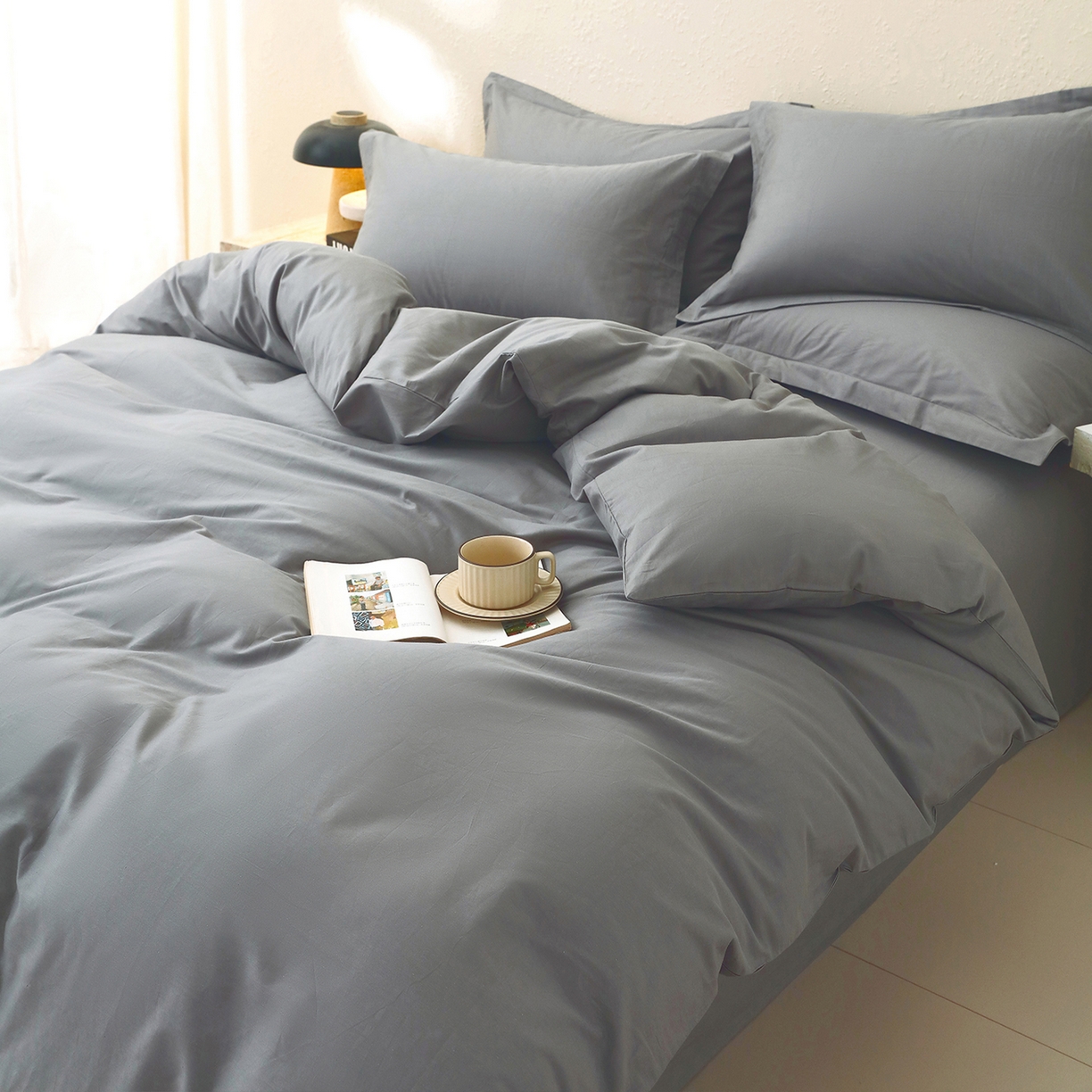 91家纺网 家纺一手货源 找家纺 小懒猪 2026新款13372A类双拼纯色全棉纯棉四件套 月岩灰