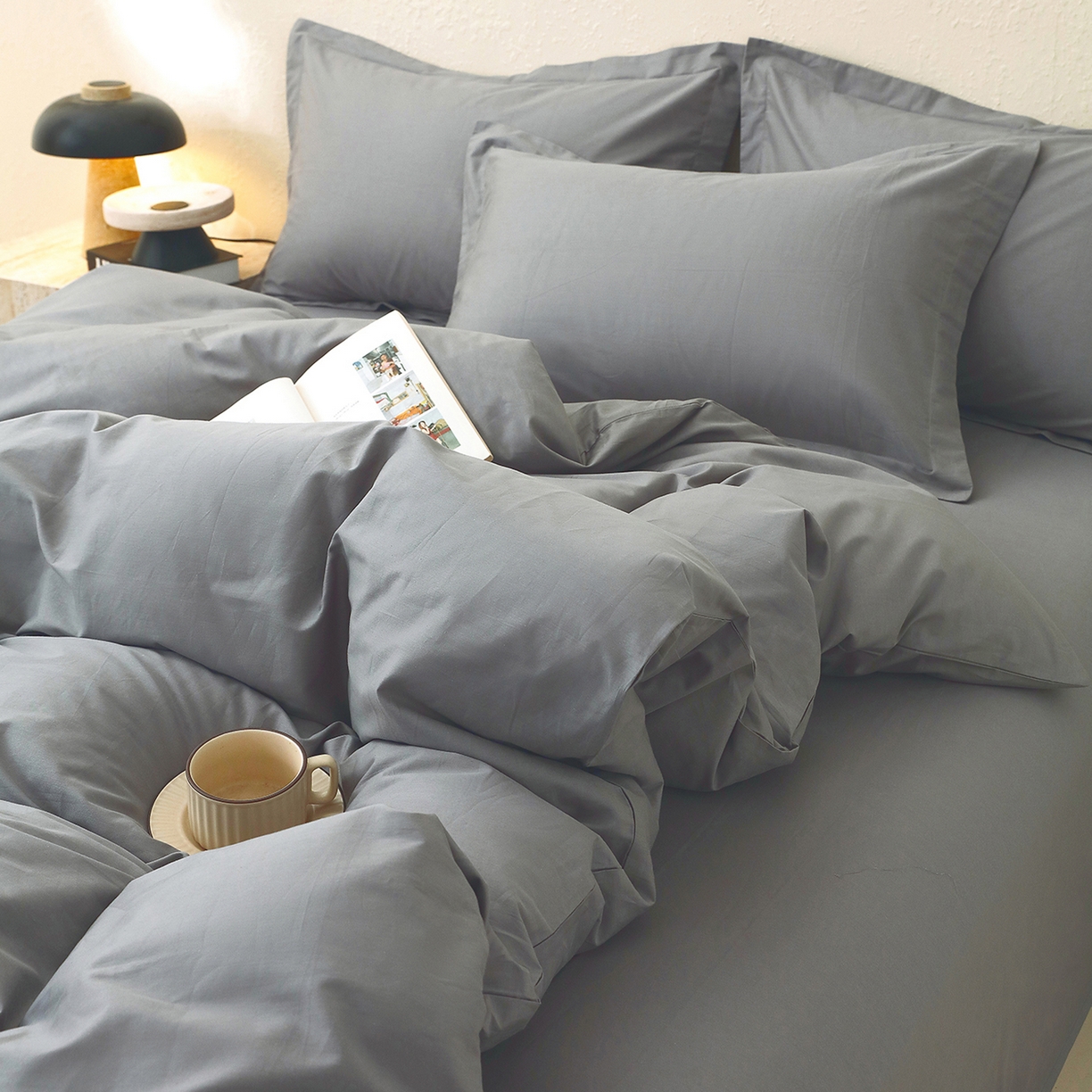 91家纺网 家纺一手货源 找家纺 小懒猪 2026新款13372A类双拼纯色全棉纯棉四件套 月岩灰