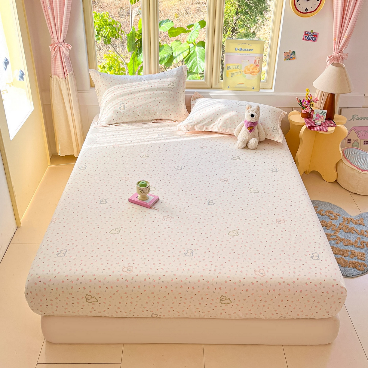 91家纺网 家纺一手货源 找家纺 莱通家纺 2026春夏新款全棉12868印花四件套单品系列-单床笠 玫瑰小狗