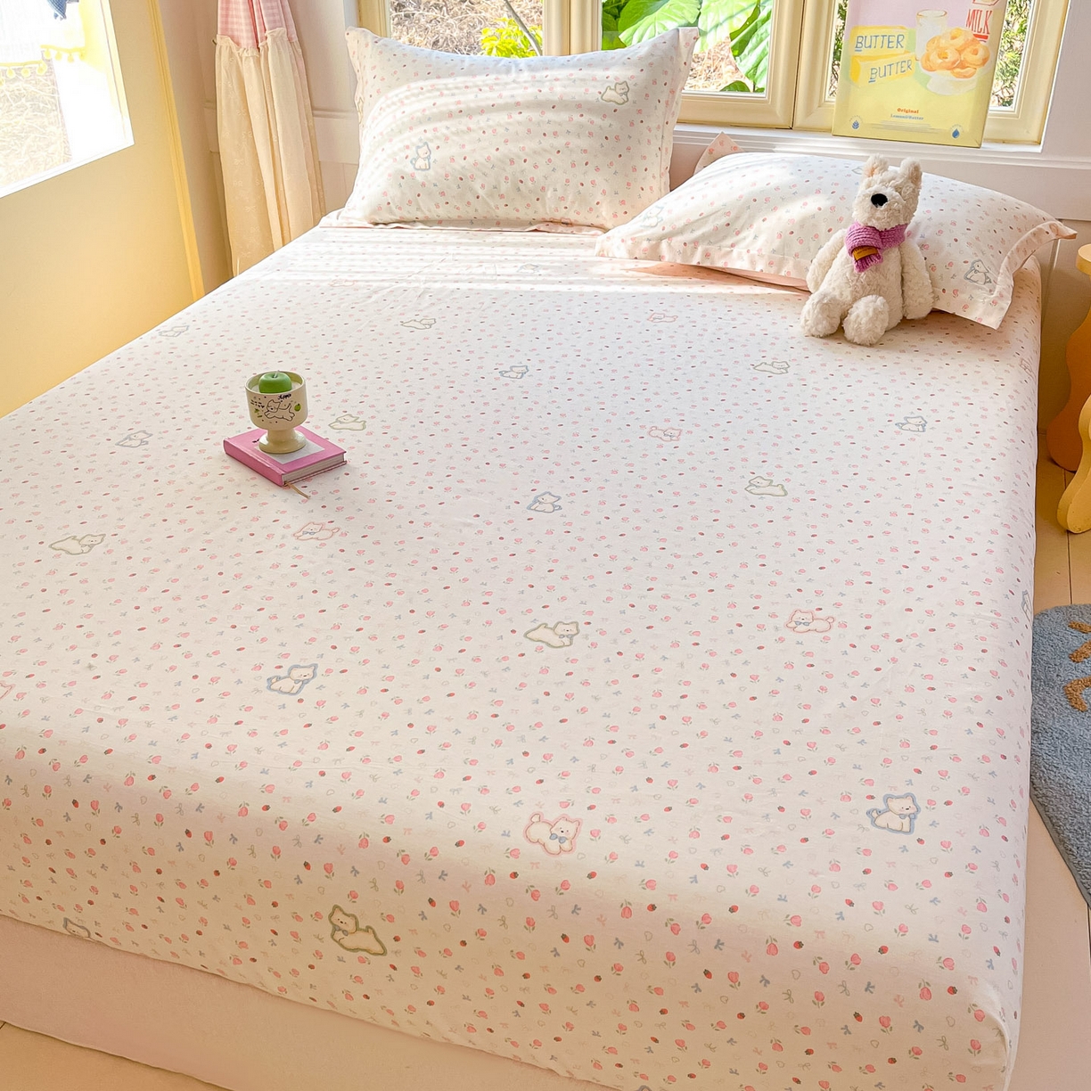 91家纺网 家纺一手货源 找家纺 莱通家纺 2026春夏新款全棉12868印花四件套单品系列-单床笠 玫瑰小狗