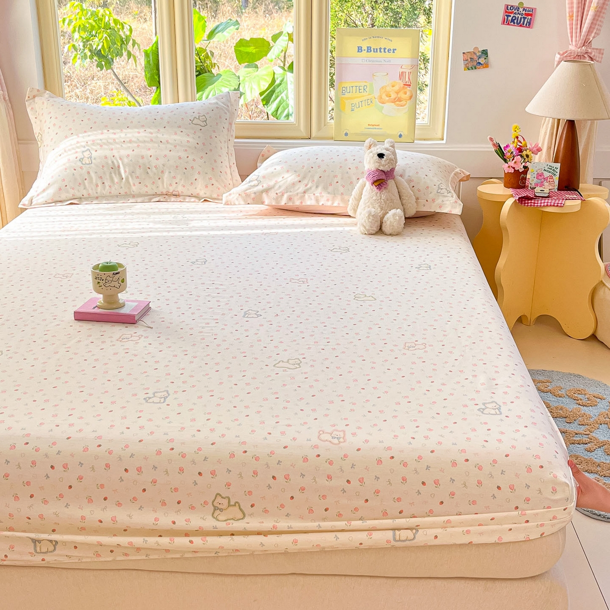 91家纺网 家纺一手货源 找家纺 莱通家纺 2026春夏新款全棉12868印花四件套单品系列-单床笠 玫瑰小狗