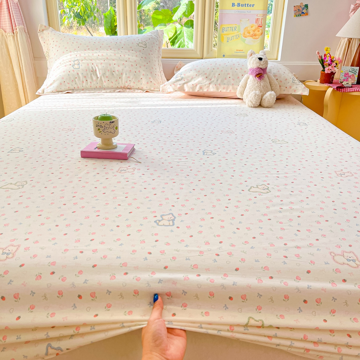 91家纺网 家纺一手货源 找家纺 莱通家纺 2026春夏新款全棉12868印花四件套单品系列-单床笠 玫瑰小狗