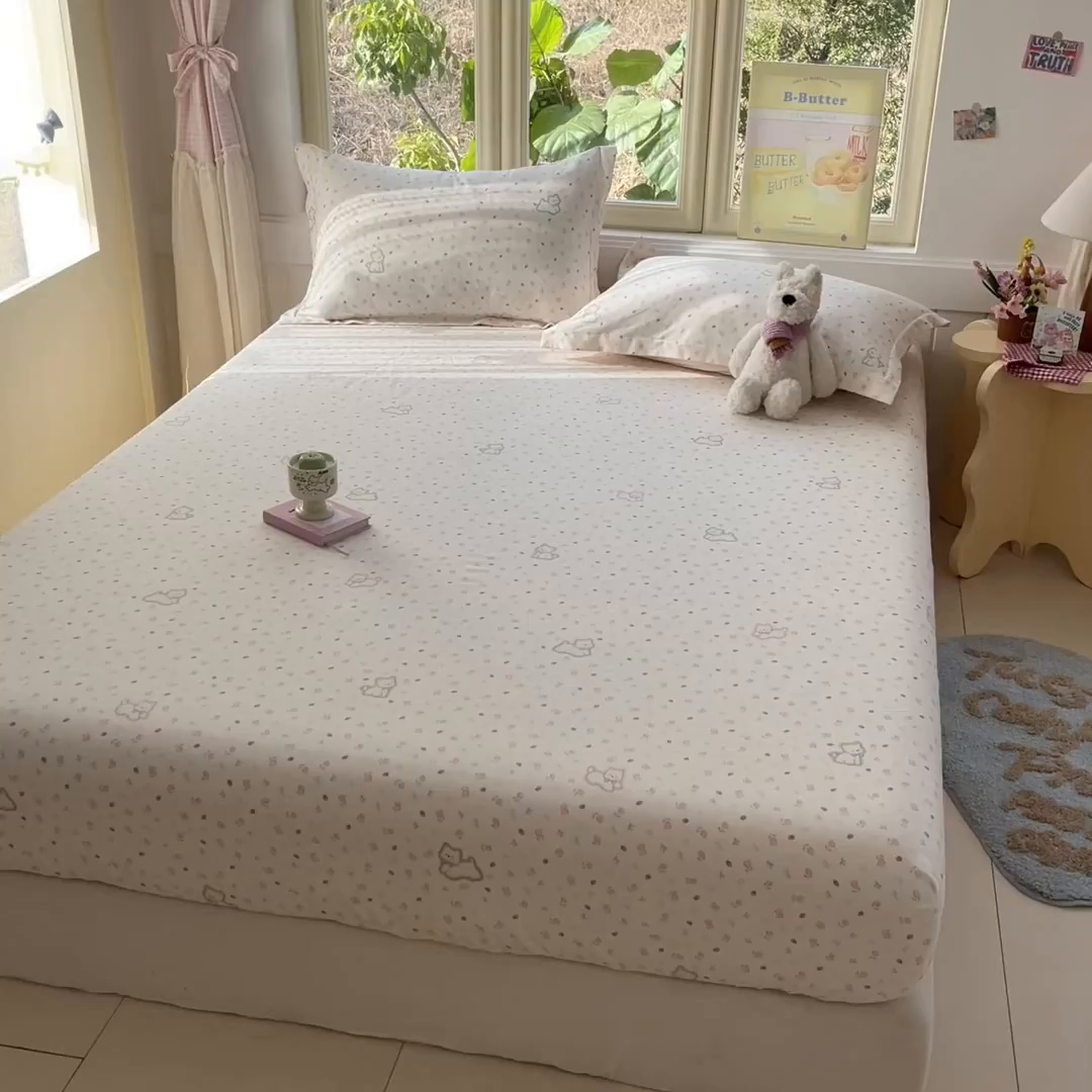 91家纺网 家纺一手货源 找家纺 莱通家纺 2026春夏新款全棉12868印花四件套单品系列-单床笠 玫瑰小狗