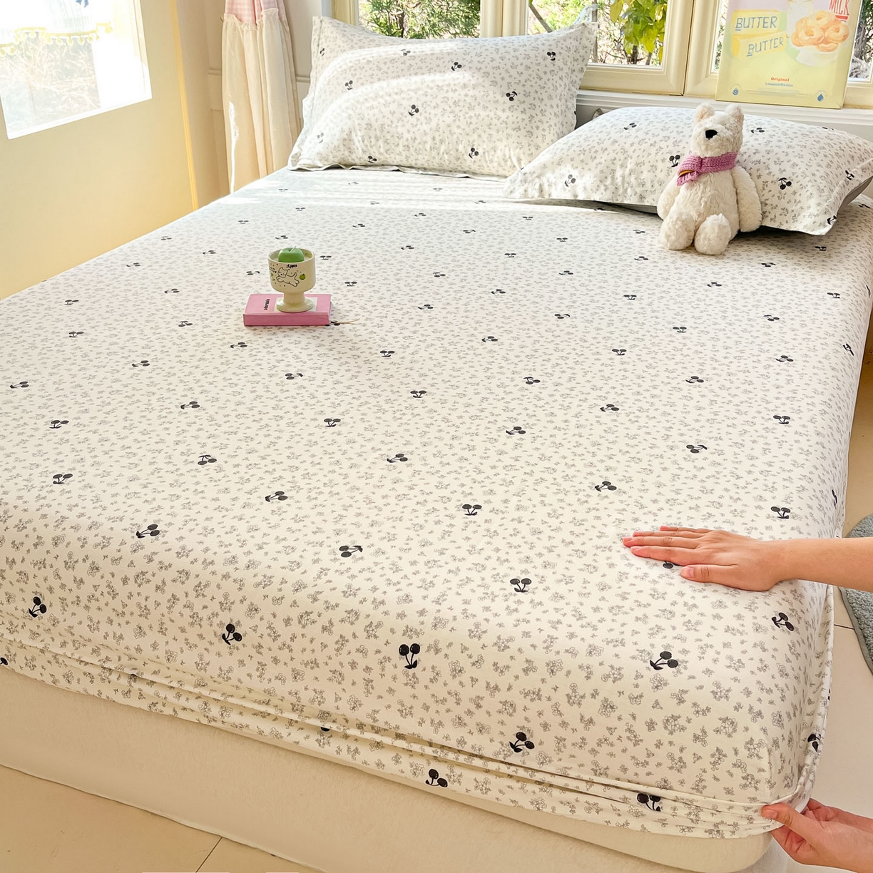 91家纺网 家纺一手货源 找家纺 莱通家纺 2026春夏新款全棉12868印花四件套单品系列-单床笠 墨兰樱桃