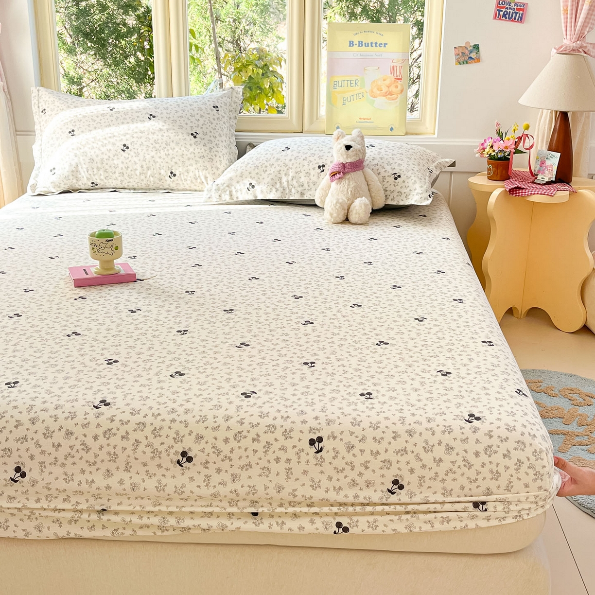 91家纺网 家纺一手货源 找家纺 莱通家纺 2026春夏新款全棉12868印花四件套单品系列-单床笠 墨兰樱桃