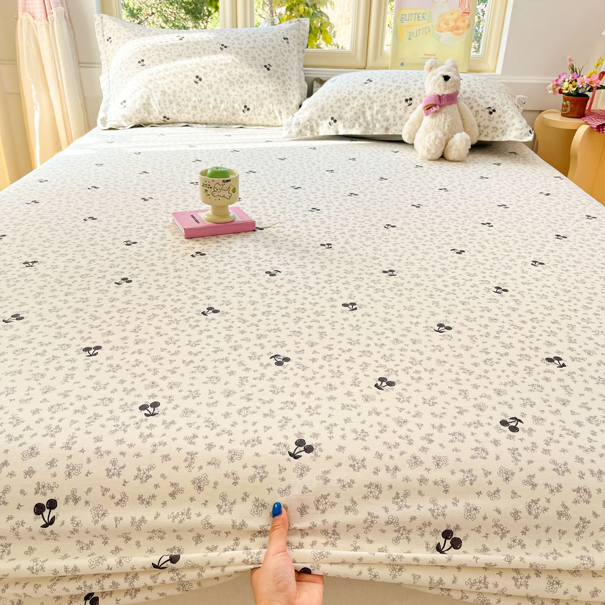 91家纺网 家纺一手货源 找家纺 莱通家纺 2026春夏新款全棉12868印花四件套单品系列-单床笠 墨兰樱桃