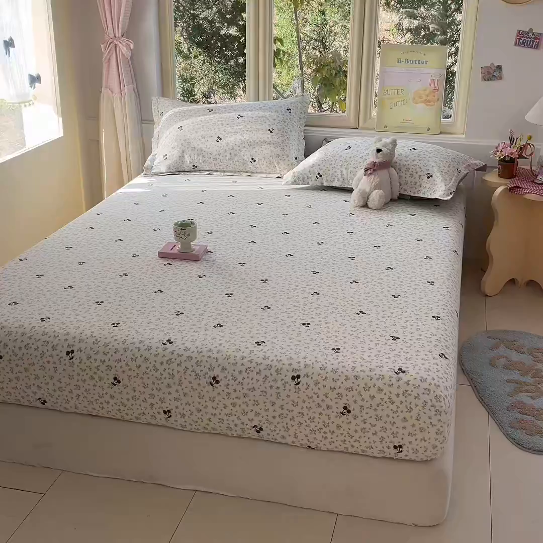 91家纺网 家纺一手货源 找家纺 莱通家纺 2026春夏新款全棉12868印花四件套单品系列-单床笠 墨兰樱桃