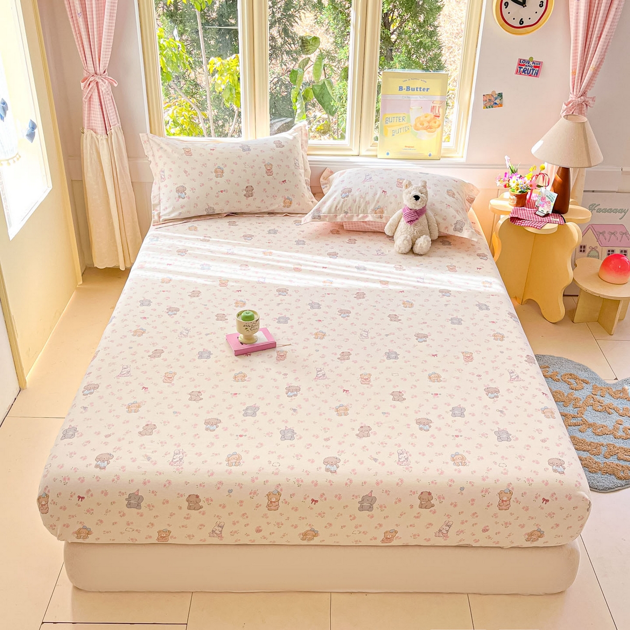 91家纺网 家纺一手货源 找家纺 莱通家纺 2026春夏新款全棉12868印花四件套单品系列-单床笠 奶酪幼儿园