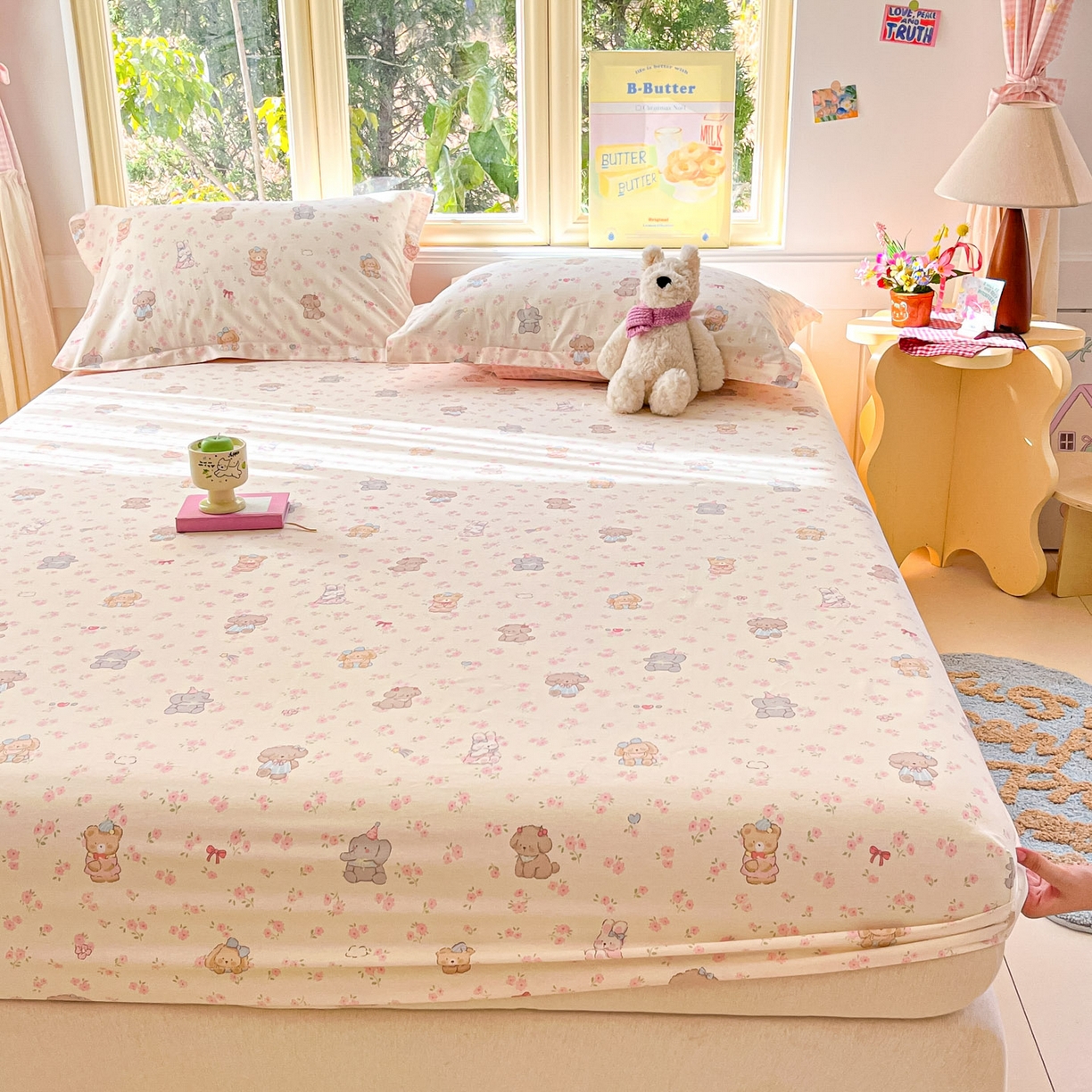 91家纺网 家纺一手货源 找家纺 莱通家纺 2026春夏新款全棉12868印花四件套单品系列-单床笠 奶酪幼儿园