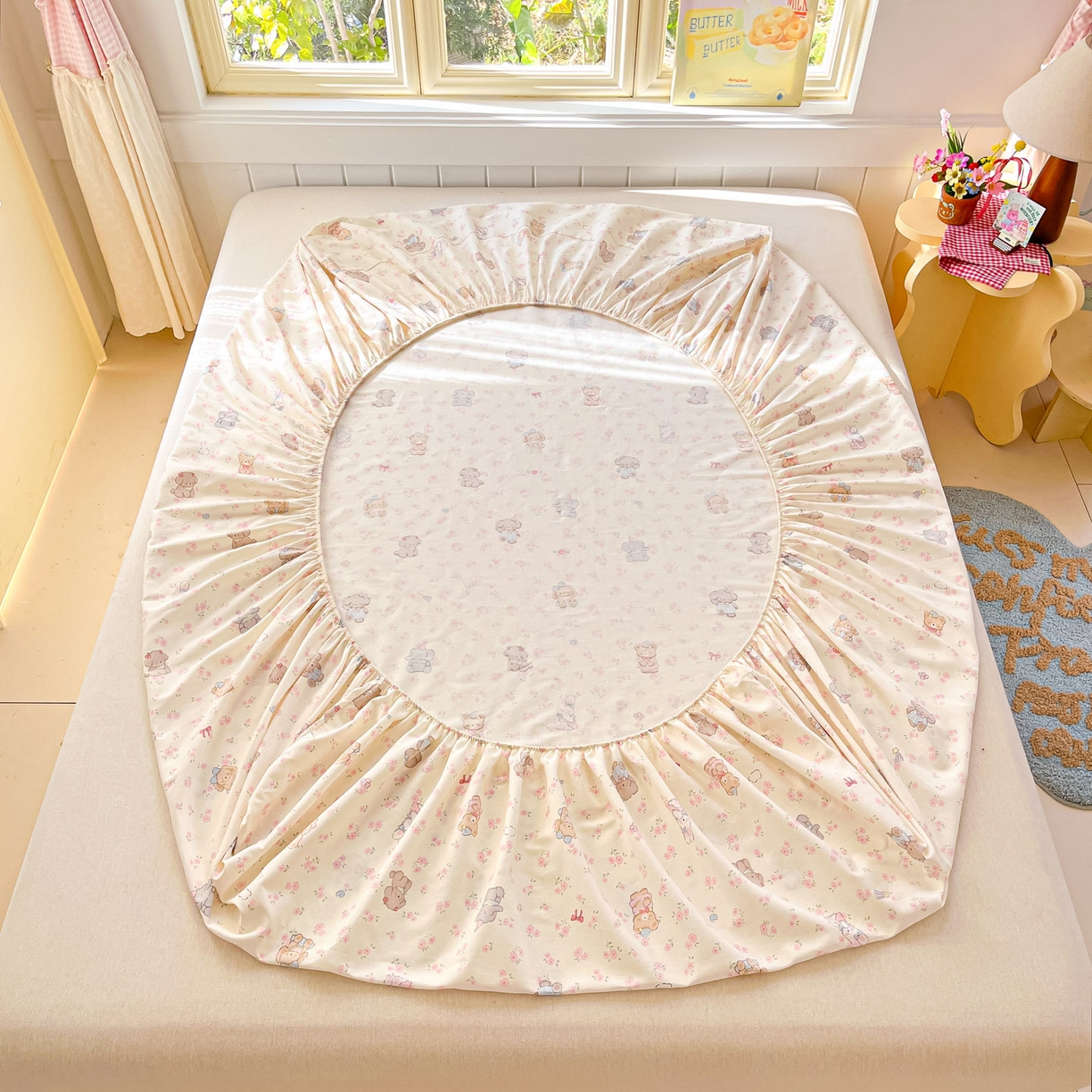 91家纺网 家纺一手货源 找家纺 莱通家纺 2026春夏新款全棉12868印花四件套单品系列-单床笠 奶酪幼儿园