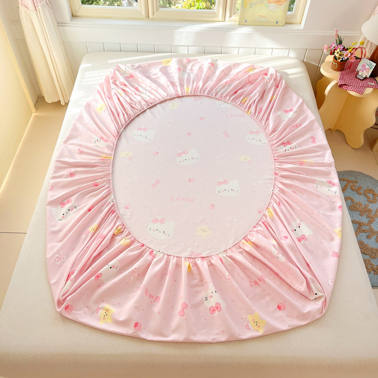 91家纺网 家纺一手货源 找家纺 莱通家纺 2026春夏新款全棉12868印花四件套单品系列-单床笠 奶油凯蒂