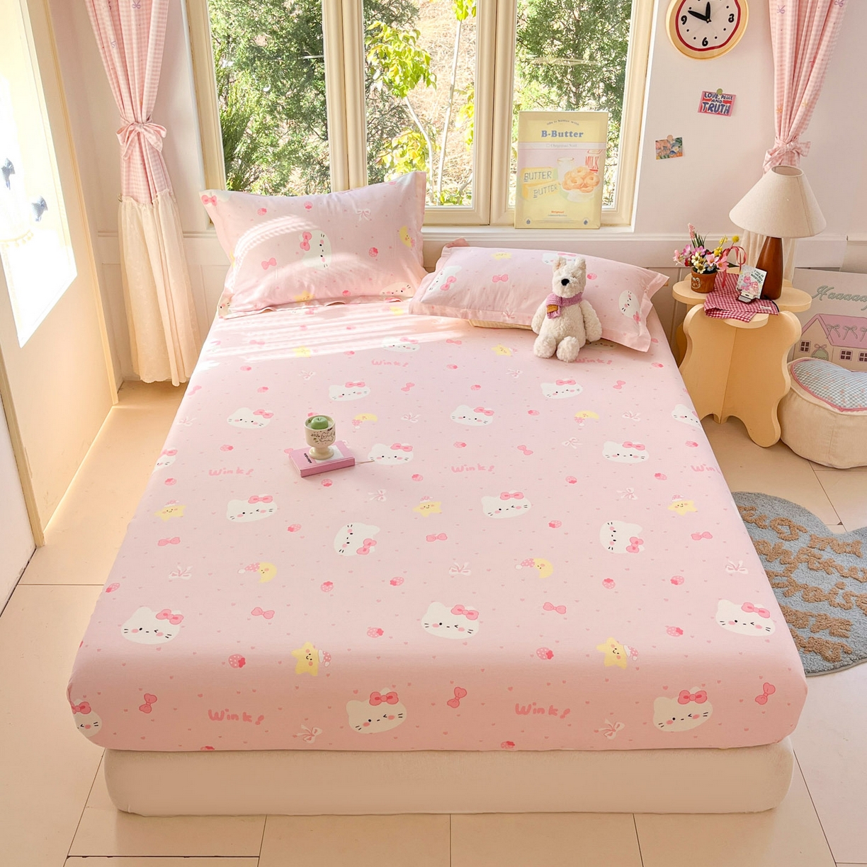 91家纺网 家纺一手货源 找家纺 莱通家纺 2026春夏新款全棉12868印花四件套单品系列-单床笠 奶油凯蒂