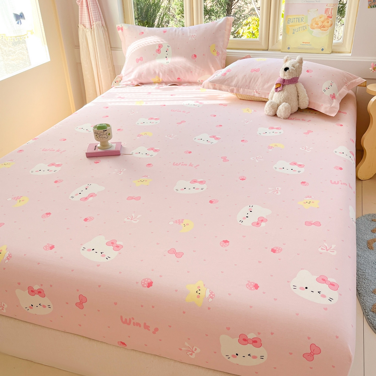 91家纺网 家纺一手货源 找家纺 莱通家纺 2026春夏新款全棉12868印花四件套单品系列-单床笠 奶油凯蒂