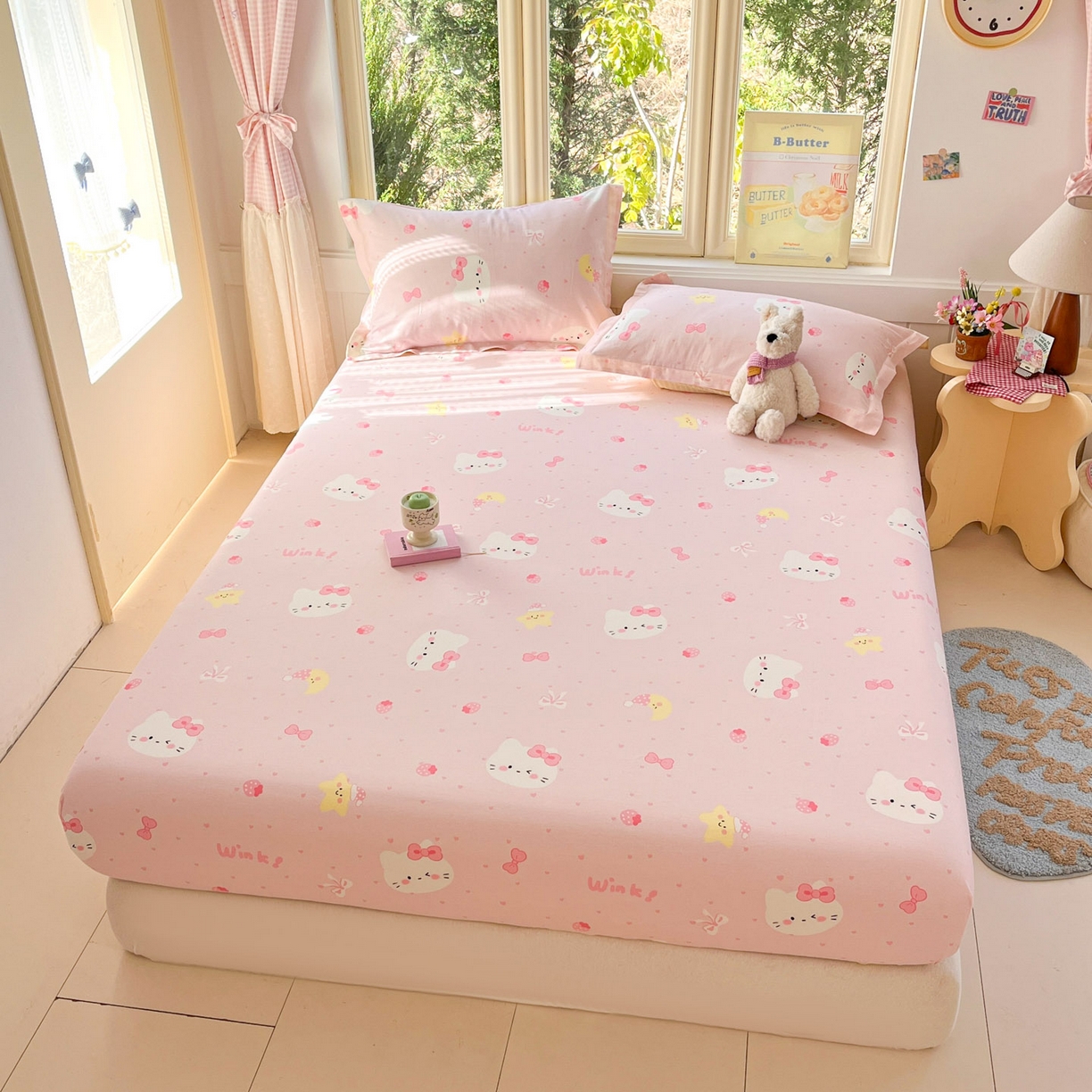 91家纺网 家纺一手货源 找家纺 莱通家纺 2026春夏新款全棉12868印花四件套单品系列-单床笠 奶油凯蒂