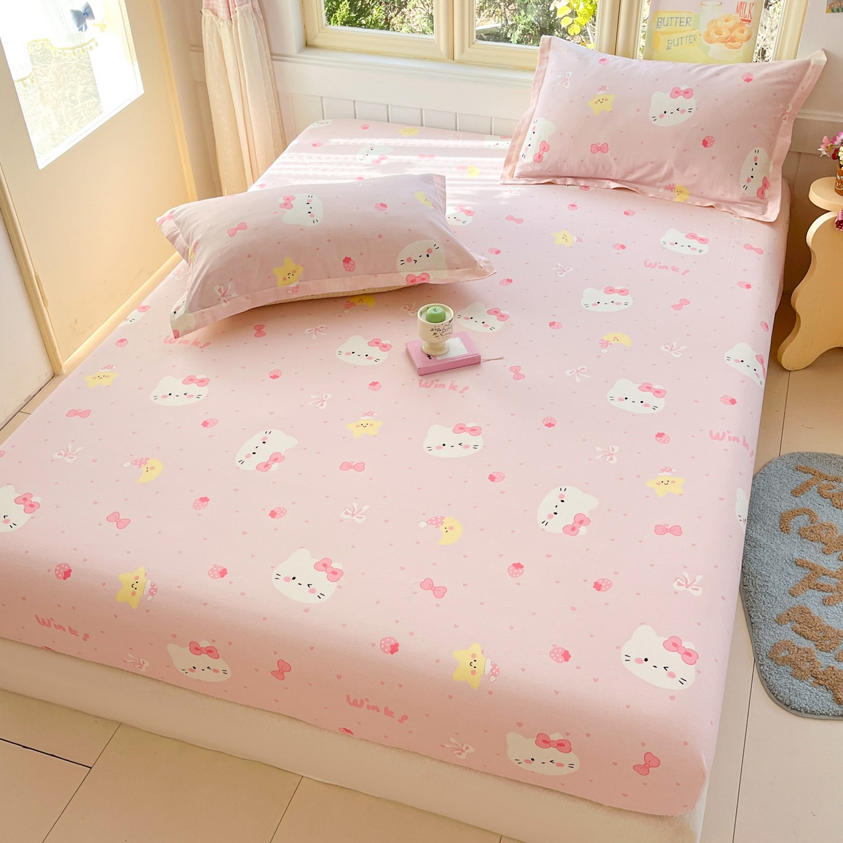 91家纺网 家纺一手货源 找家纺 莱通家纺 2026春夏新款全棉12868印花四件套单品系列-单床笠 奶油凯蒂