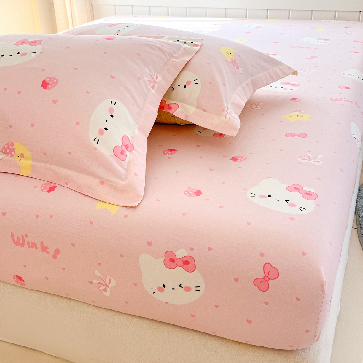 91家纺网 家纺一手货源 找家纺 莱通家纺 2026春夏新款全棉12868印花四件套单品系列-单床笠 奶油凯蒂