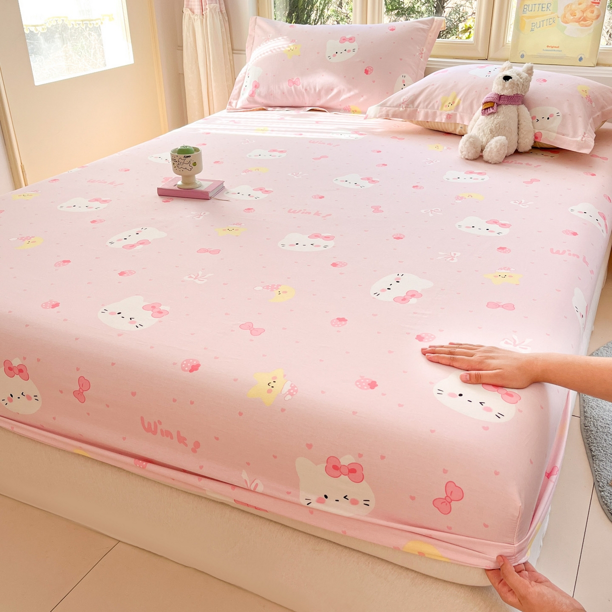 91家纺网 家纺一手货源 找家纺 莱通家纺 2026春夏新款全棉12868印花四件套单品系列-单床笠 奶油凯蒂