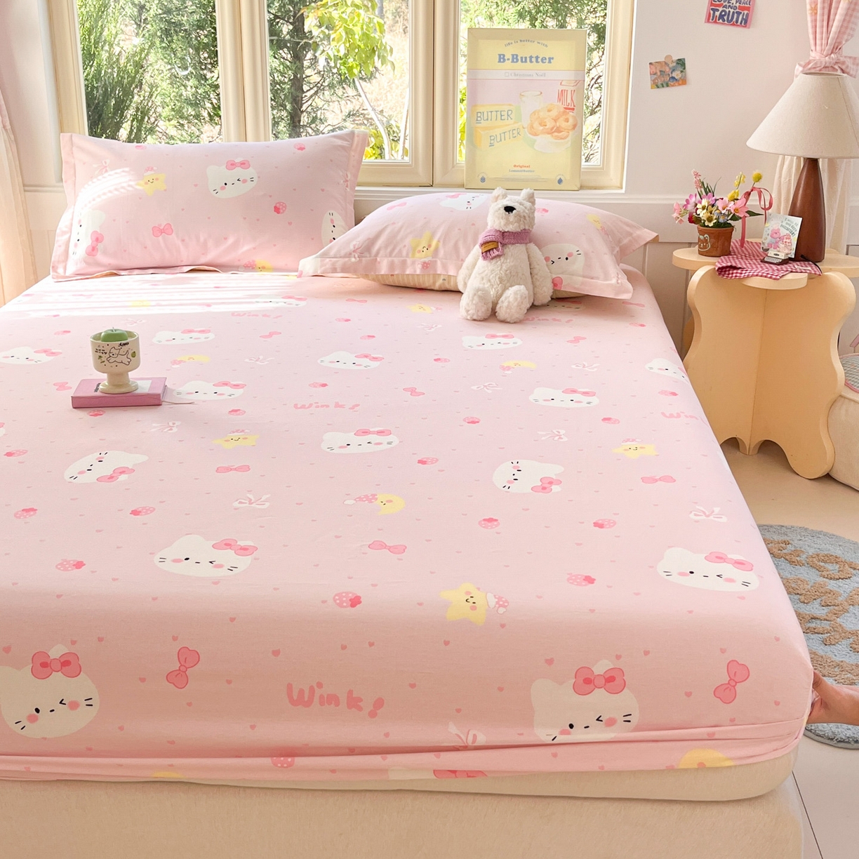 91家纺网 家纺一手货源 找家纺 莱通家纺 2026春夏新款全棉12868印花四件套单品系列-单床笠 奶油凯蒂