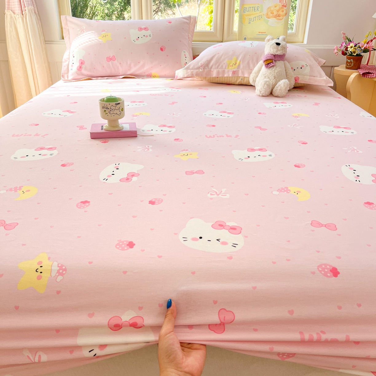 91家纺网 家纺一手货源 找家纺 莱通家纺 2026春夏新款全棉12868印花四件套单品系列-单床笠 奶油凯蒂