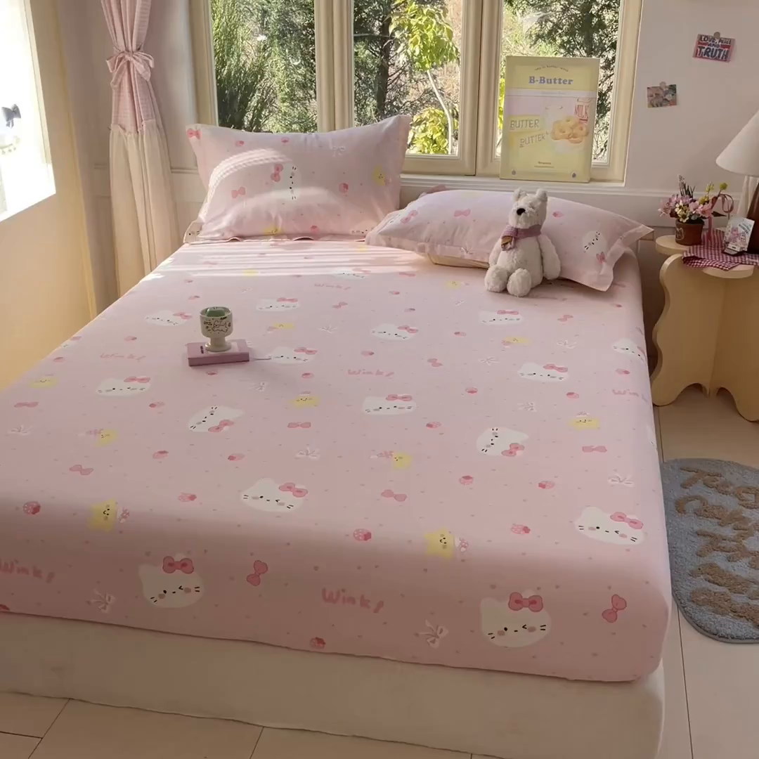 91家纺网 家纺一手货源 找家纺 莱通家纺 2026春夏新款全棉12868印花四件套单品系列-单床笠 奶油凯蒂