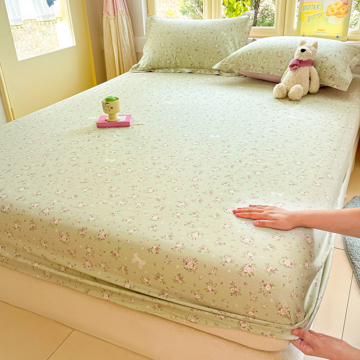 91家纺网 家纺一手货源 找家纺 莱通家纺 2026春夏新款全棉12868印花四件套单品系列-单床笠 浅夏雏菊