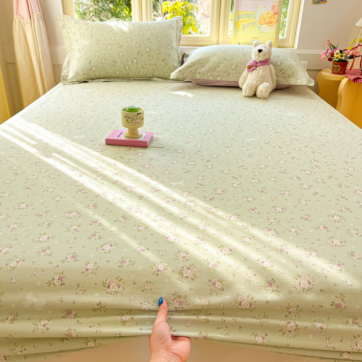 91家纺网 家纺一手货源 找家纺 莱通家纺 2026春夏新款全棉12868印花四件套单品系列-单床笠 浅夏雏菊