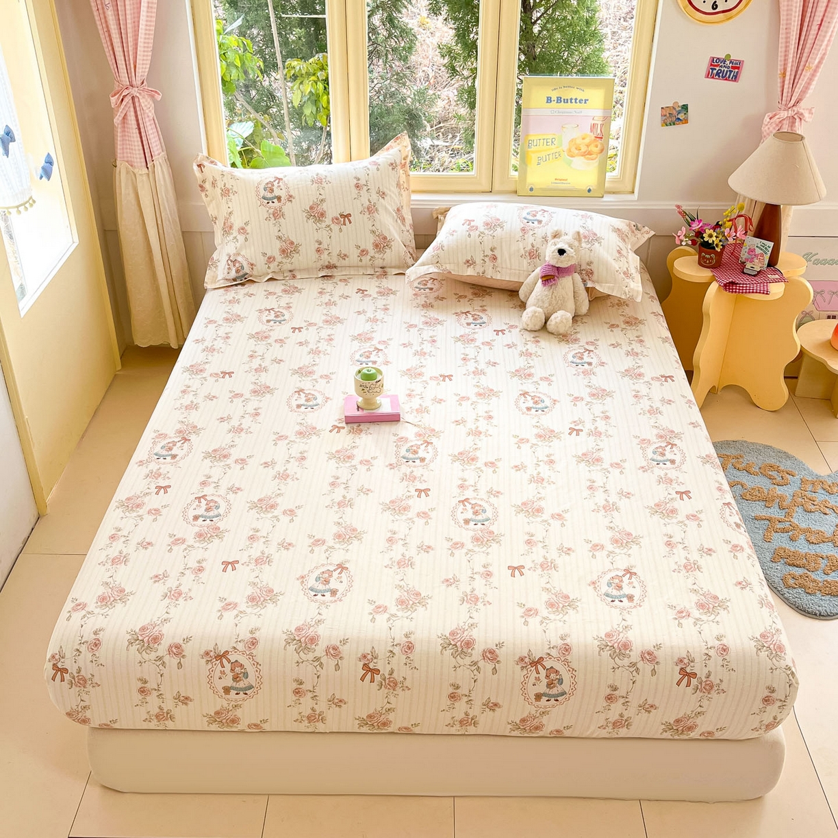 91家纺网 家纺一手货源 找家纺 莱通家纺 2026春夏新款全棉12868印花四件套单品系列-单床笠 蔷薇姑娘