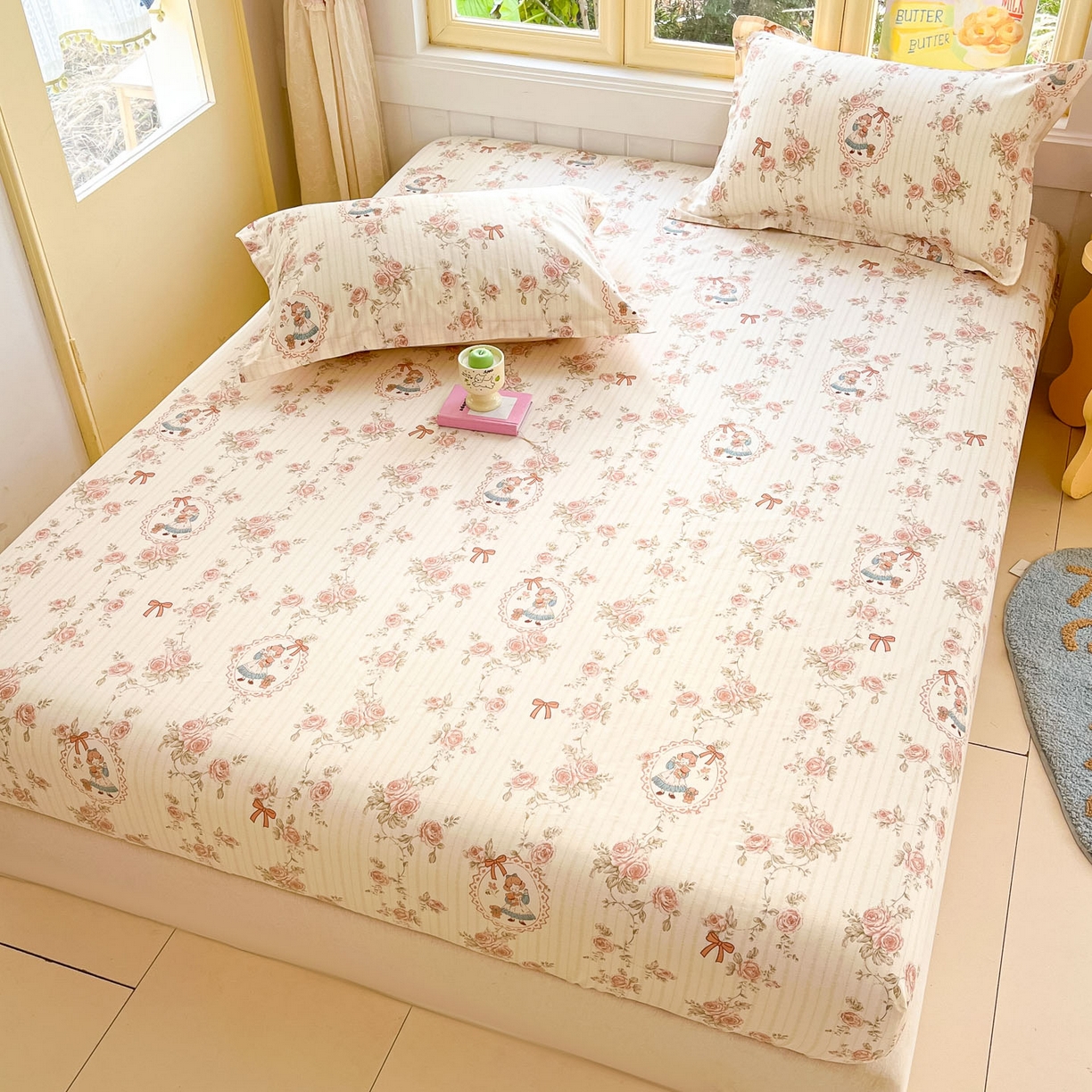 91家纺网 家纺一手货源 找家纺 莱通家纺 2026春夏新款全棉12868印花四件套单品系列-单床笠 蔷薇姑娘