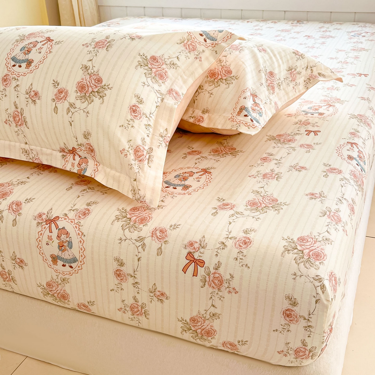 91家纺网 家纺一手货源 找家纺 莱通家纺 2026春夏新款全棉12868印花四件套单品系列-单床笠 蔷薇姑娘