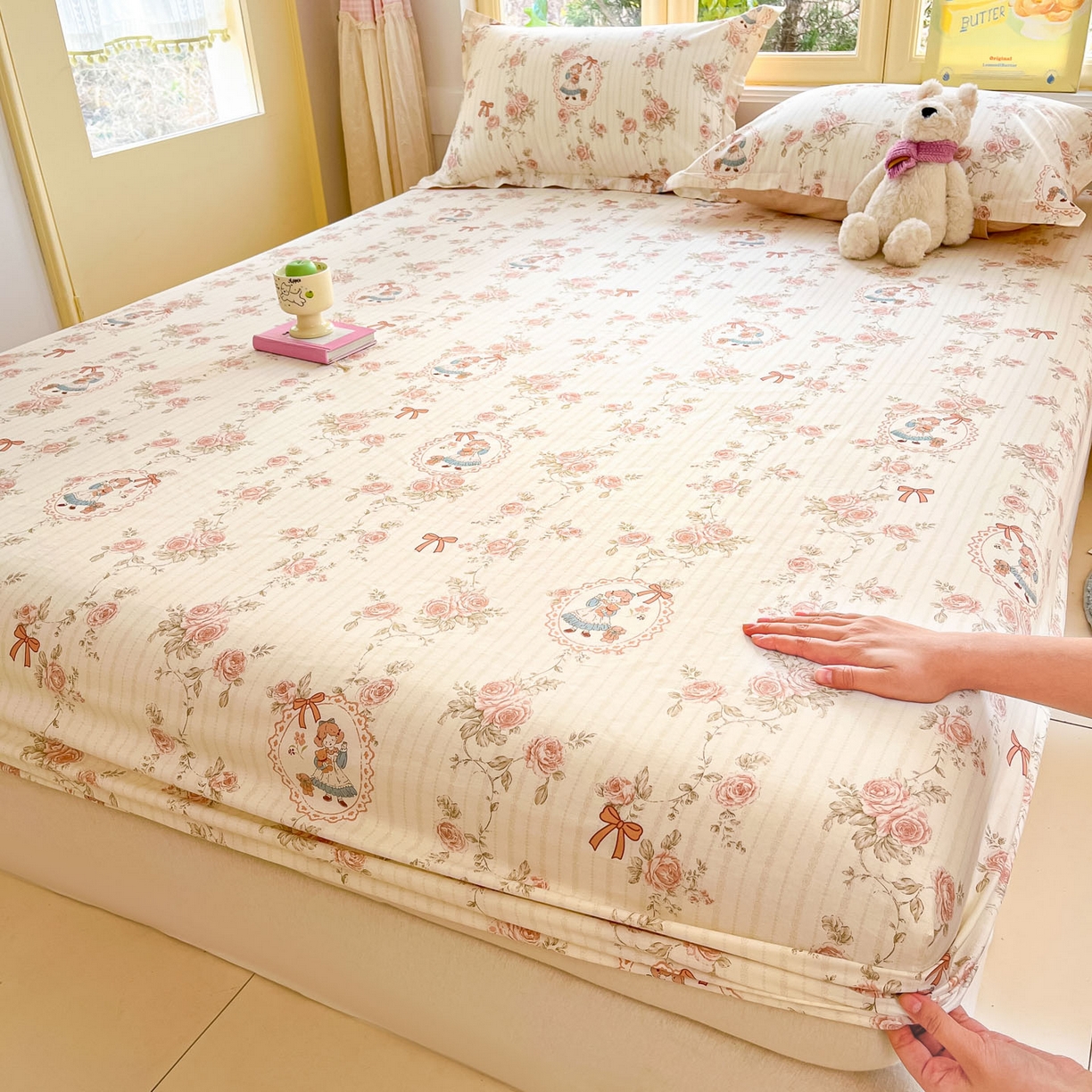 91家纺网 家纺一手货源 找家纺 莱通家纺 2026春夏新款全棉12868印花四件套单品系列-单床笠 蔷薇姑娘