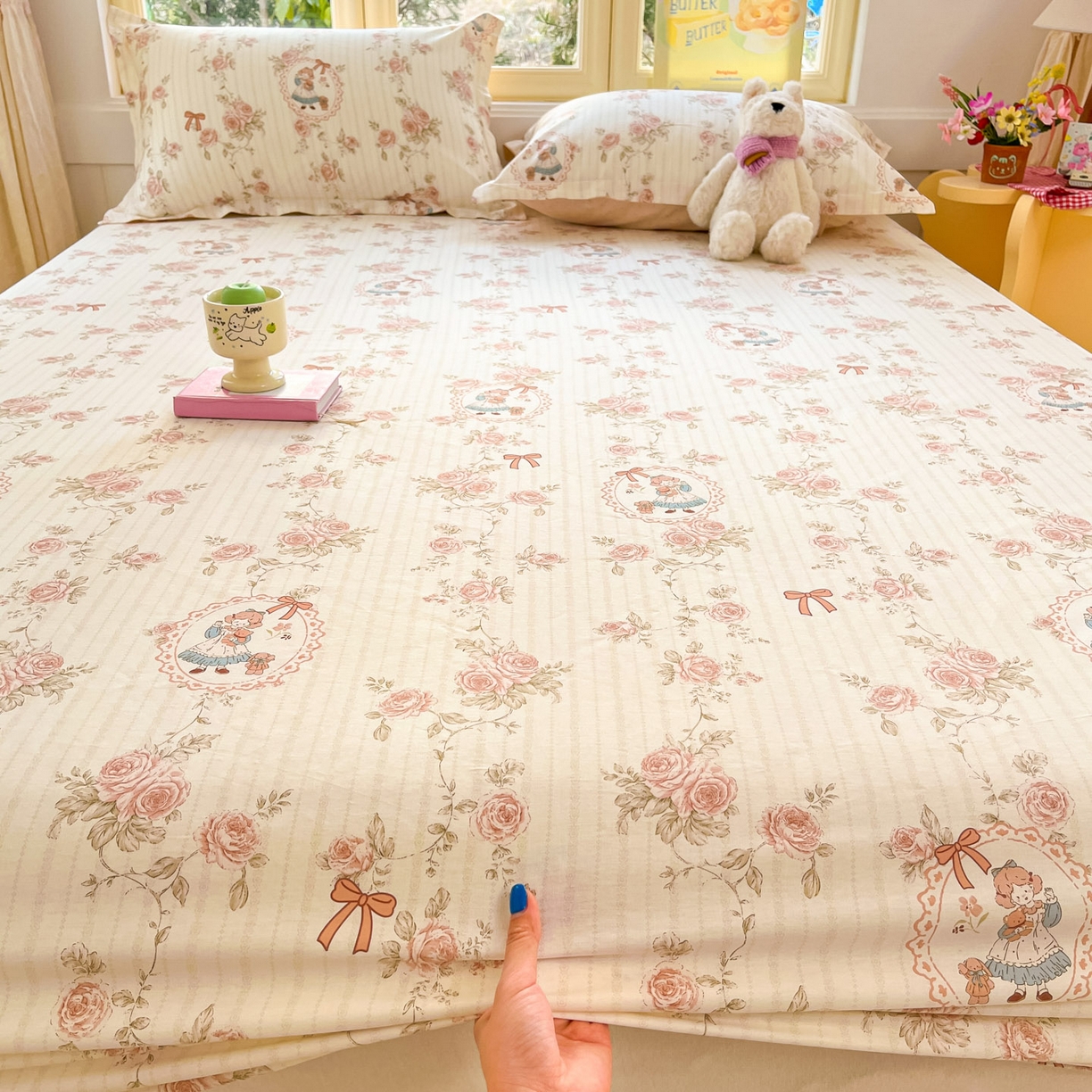 91家纺网 家纺一手货源 找家纺 莱通家纺 2026春夏新款全棉12868印花四件套单品系列-单床笠 蔷薇姑娘