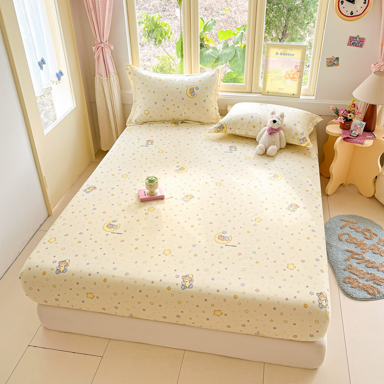 91家纺网 家纺一手货源 找家纺 莱通家纺 2026春夏新款全棉12868印花四件套单品系列-单床笠 睡梦熊