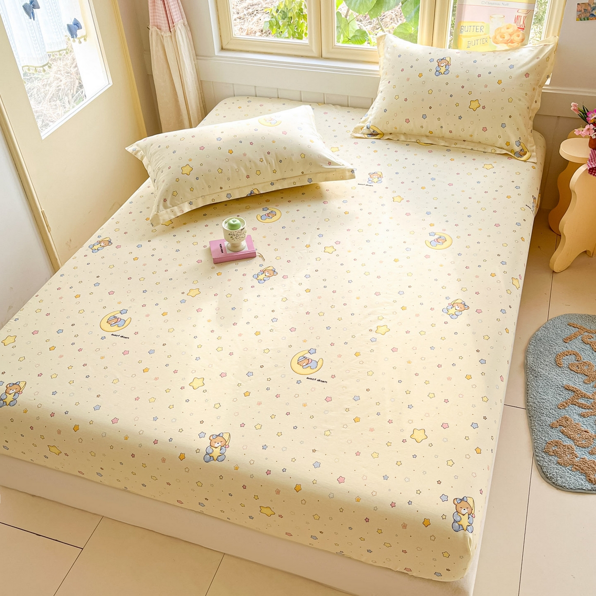 91家纺网 家纺一手货源 找家纺 莱通家纺 2026春夏新款全棉12868印花四件套单品系列-单床笠 睡梦熊