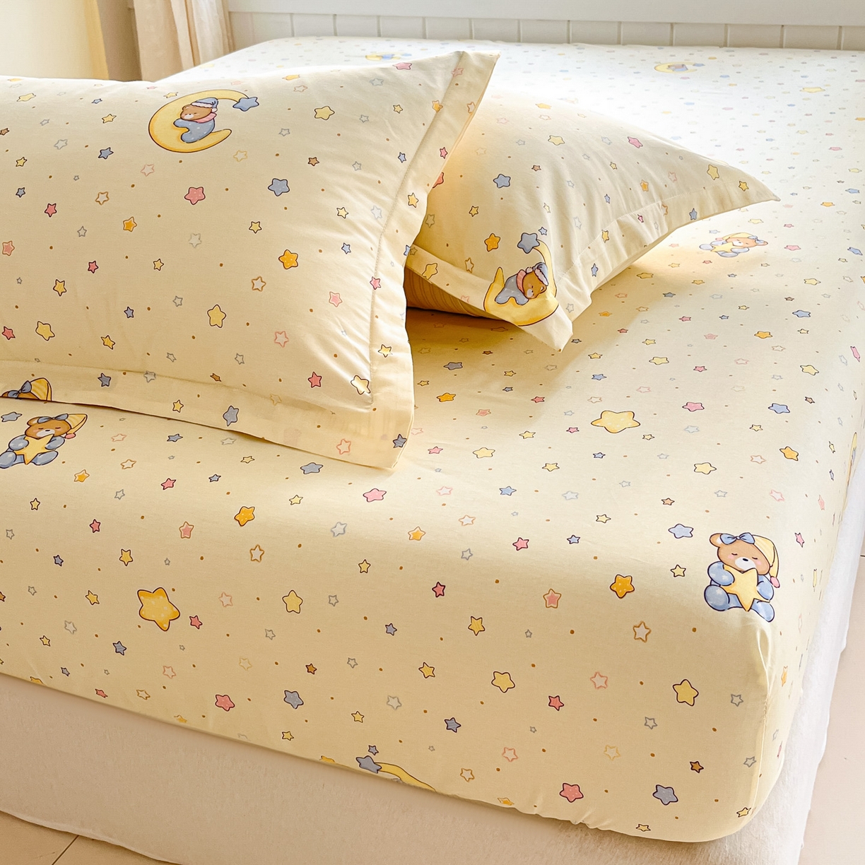 91家纺网 家纺一手货源 找家纺 莱通家纺 2026春夏新款全棉12868印花四件套单品系列-单床笠 睡梦熊