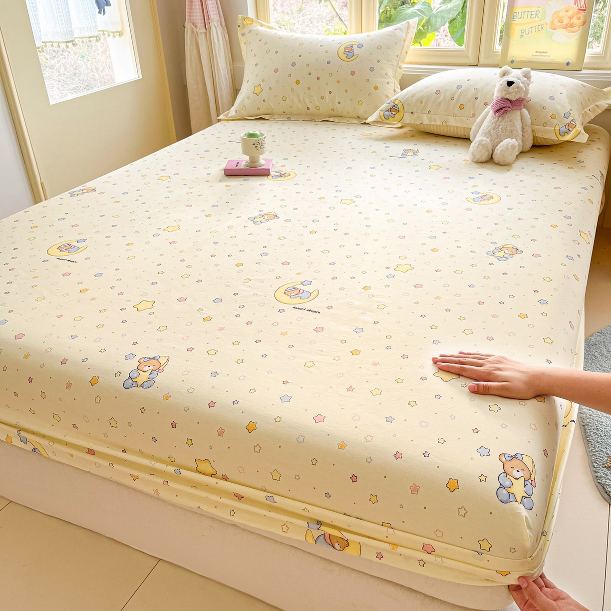 91家纺网 家纺一手货源 找家纺 莱通家纺 2026春夏新款全棉12868印花四件套单品系列-单床笠 睡梦熊