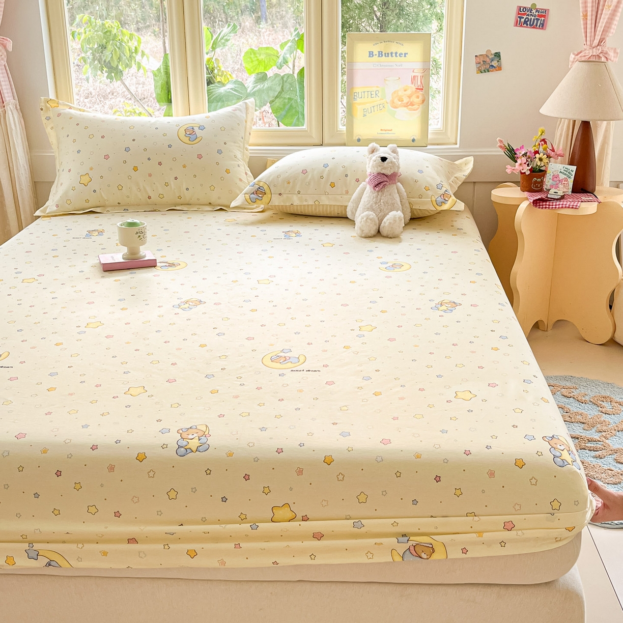 91家纺网 家纺一手货源 找家纺 莱通家纺 2026春夏新款全棉12868印花四件套单品系列-单床笠 睡梦熊