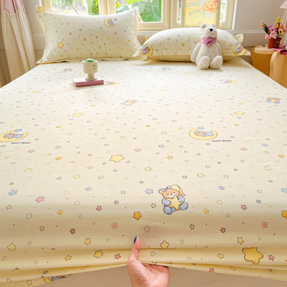 91家纺网 家纺一手货源 找家纺 莱通家纺 2026春夏新款全棉12868印花四件套单品系列-单床笠 睡梦熊