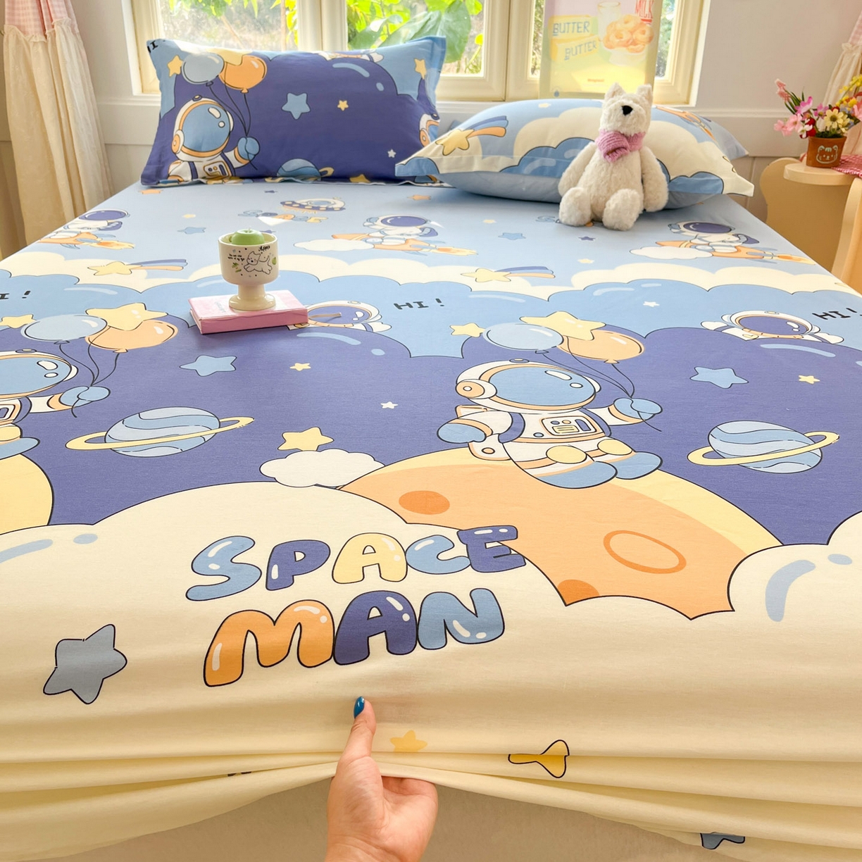 91家纺网 家纺一手货源 找家纺 莱通家纺 2026春夏新款全棉12868印花四件套单品系列-单床笠 太空梦乐园