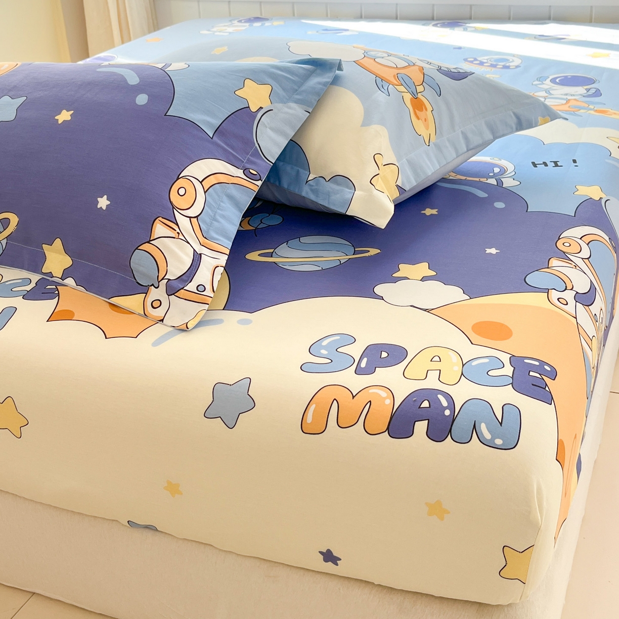 91家纺网 家纺一手货源 找家纺 莱通家纺 2026春夏新款全棉12868印花四件套单品系列-单床笠 太空梦乐园