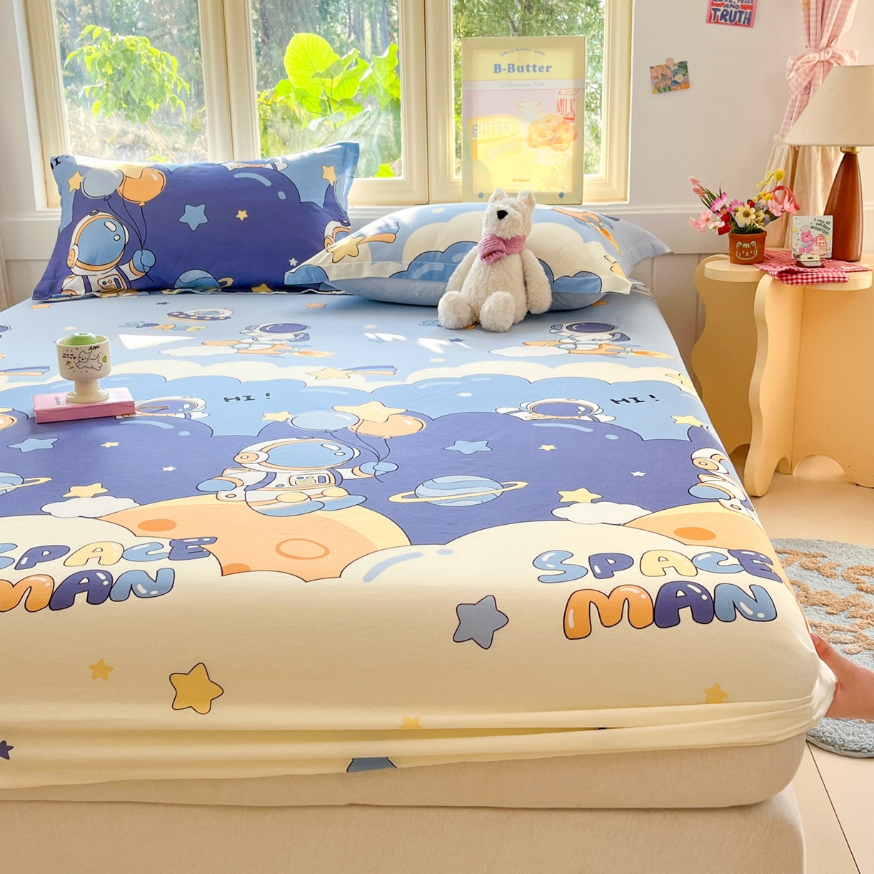 91家纺网 家纺一手货源 找家纺 莱通家纺 2026春夏新款全棉12868印花四件套单品系列-单床笠 太空梦乐园