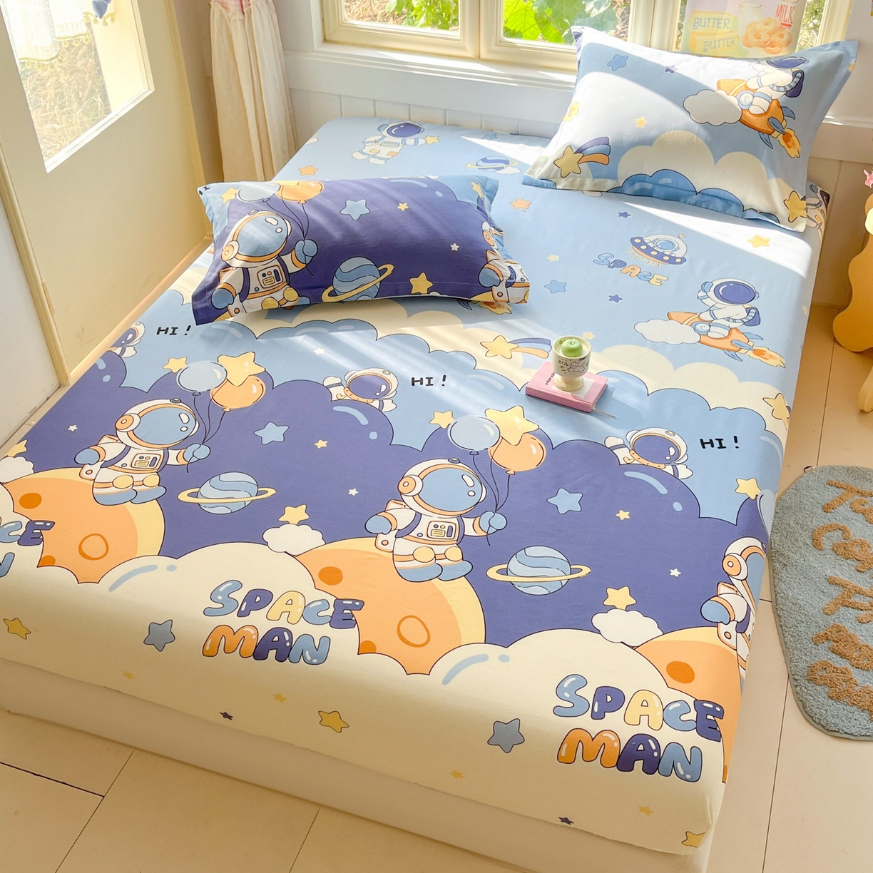 91家纺网 家纺一手货源 找家纺 莱通家纺 2026春夏新款全棉12868印花四件套单品系列-单床笠 太空梦乐园