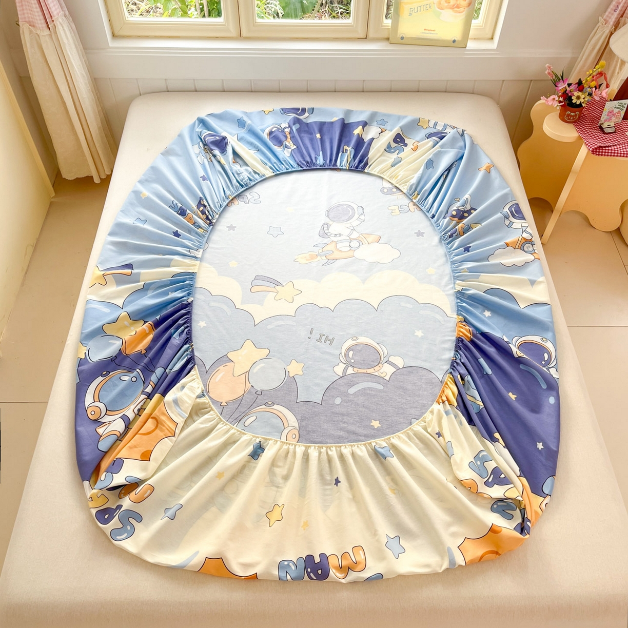 91家纺网 家纺一手货源 找家纺 莱通家纺 2026春夏新款全棉12868印花四件套单品系列-单床笠 太空梦乐园